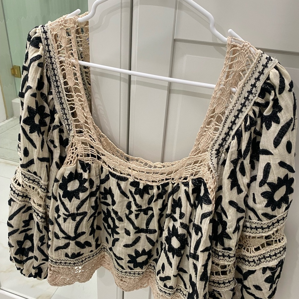 Free People Cream and Black Embroidered Crochet Peasant Blouse